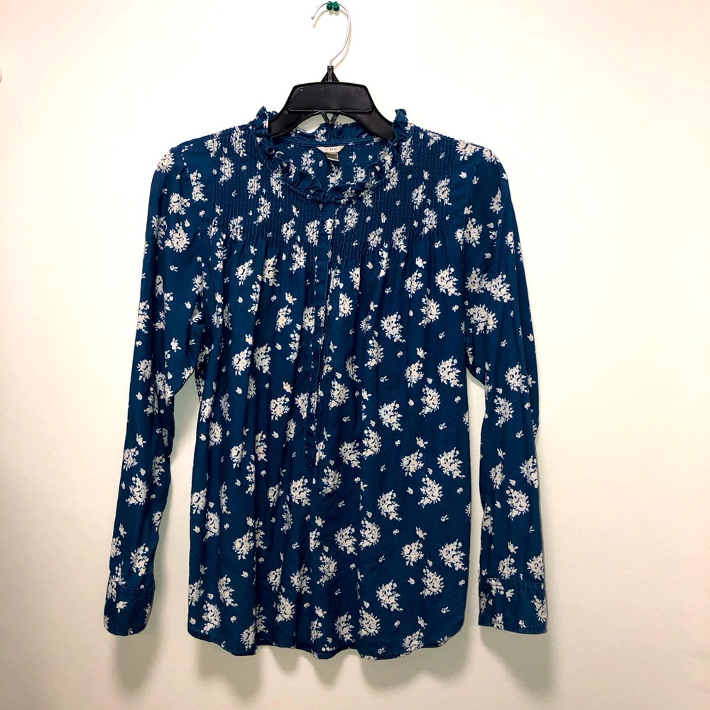 J. Crew flower print Blouse, cotton, size S, ruffle stand collar, pull over.